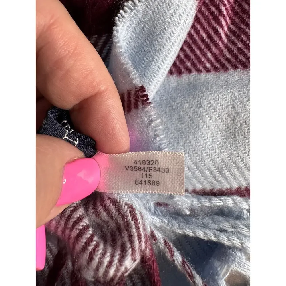 Lands’ End CashTouch Plaid Scarf Burgundy Light Blue Fringe Soft Winter Unisex